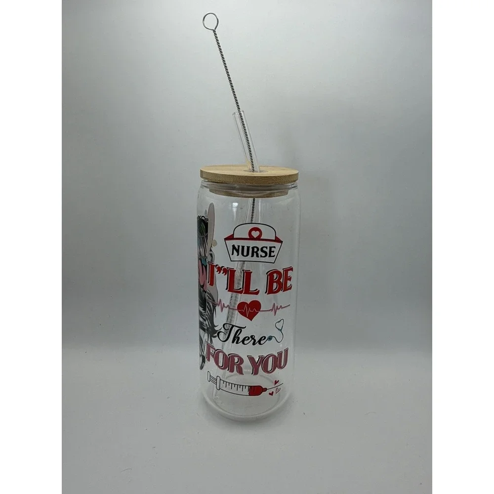 NURSE Glass Tumbler Cup Bamboo Lid Glass Straw & Straw Cleaner